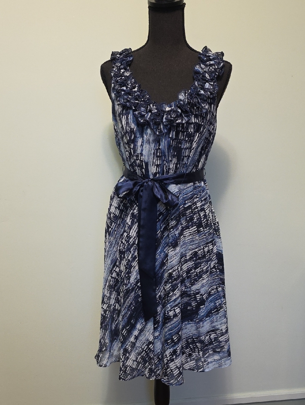 SL Fashions Navy Blue Textured Ruffle Belted Mini Dress